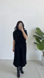 Volas Triko Kuşaklı Elbise - Siyah - Görsel 6