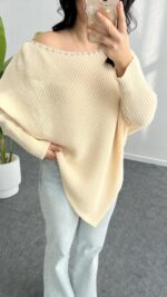 Lisa Yakası Taşlı Asimetrik Triko Bluz - Krem - Görsel 4