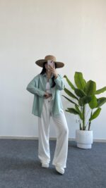 Yonca Keten Gömlek - Mint Yeşili - Görsel 8