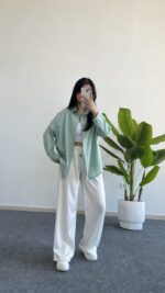 Yonca Keten Gömlek - Mint Yeşili - Görsel 3