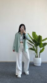 Yonca Keten Gömlek - Mint Yeşili - Görsel 5