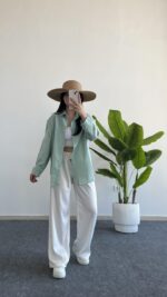 Yonca Keten Gömlek - Mint Yeşili - Görsel 4