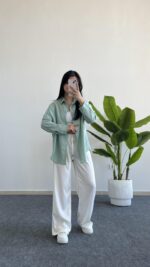 Yonca Keten Gömlek - Mint Yeşili - Görsel 6