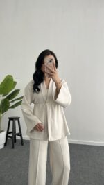 Mora Aksesuarlı Modal Kimono Takım - Bej - Görsel 6
