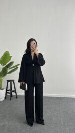 Mora Aksesuarlı Modal Kimono Takım - Siyah