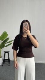 Bağlama Detaylı Modal Basic Bluz - Kahve - Görsel 6