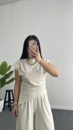 Zoi Vatkalı Bluz Pantolon Modal Takım - Bej - Görsel 4