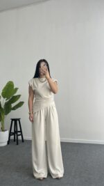 Zoi Vatkalı Bluz Pantolon Modal Takım - Bej - Görsel 2