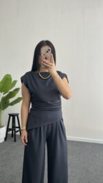 Zoi Vatkalı Bluz Pantolon Modal Takım - Antrasit - Görsel 4