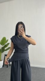 Zoi Vatkalı Bluz Pantolon Modal Takım - Antrasit - Görsel 6
