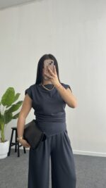 Zoi Vatkalı Bluz Pantolon Modal Takım - Antrasit - Görsel 2