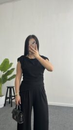 Zoi Vatkalı Bluz Pantolon Modal Takım - Siyah - Görsel 2