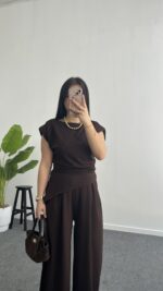 Zoi Vatkalı Bluz Pantolon Modal Takım - Kahve - Görsel 3