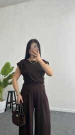 Zoi Vatkalı Bluz Pantolon Modal Takım - Kahve - Görsel 4