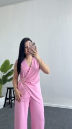 Lady Aksesuar Detaylı Kruvaze Modal Takım - Pembe - Görsel 8