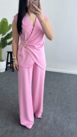Lady Aksesuar Detaylı Kruvaze Modal Takım - Pembe - Görsel 7
