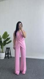 Lady Aksesuar Detaylı Kruvaze Modal Takım - Pembe - Görsel 6