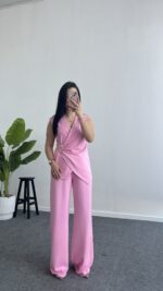Lady Aksesuar Detaylı Kruvaze Modal Takım - Pembe - Görsel 5