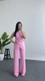 Lady Aksesuar Detaylı Kruvaze Modal Takım - Pembe - Görsel 4