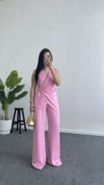 Lady Aksesuar Detaylı Kruvaze Modal Takım - Pembe - Görsel 3