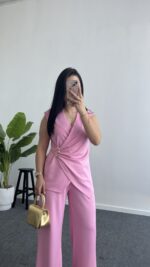Lady Aksesuar Detaylı Kruvaze Modal Takım - Pembe - Görsel 2