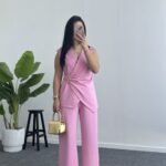 Lady Aksesuar Detaylı Kruvaze Modal Takım - Pembe