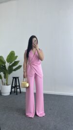 Lady Aksesuar Detaylı Kruvaze Modal Takım - Pembe