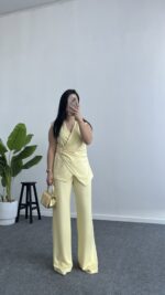 Lady Aksesuar Detaylı Kruvaze Modal Takım - Sarı