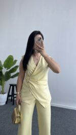 Lady Aksesuar Detaylı Kruvaze Modal Takım - Sarı - Görsel 3