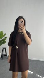 Deniss Aksesuar Tokalı Basic Modal Elbise - Kahve - Görsel 8