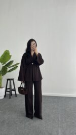 Mora Aksesuarlı Modal Kimono Takım - Kahve