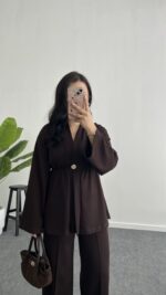 Mora Aksesuarlı Modal Kimono Takım - Kahve - Görsel 2