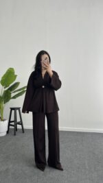 Mora Aksesuarlı Modal Kimono Takım - Kahve - Görsel 3