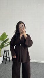 Mora Aksesuarlı Modal Kimono Takım - Kahve - Görsel 5