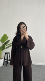 Mora Aksesuarlı Modal Kimono Takım - Kahve - Görsel 6