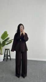 Mora Aksesuarlı Modal Kimono Takım - Kahve - Görsel 7