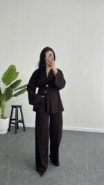 Mora Aksesuarlı Modal Kimono Takım - Kahve - Görsel 8