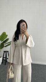 Mora Aksesuarlı Modal Kimono Takım - Bej - Görsel 2