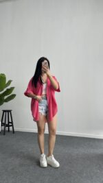Linda Asimetrik Kesim Keten Gömlek - Pembe - Görsel 2