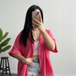 Linda Asimetrik Kesim Keten Gömlek - Pembe