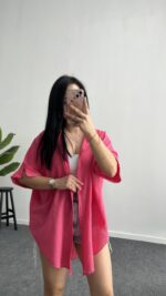 Linda Asimetrik Kesim Keten Gömlek - Pembe - Görsel 3