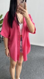 Linda Asimetrik Kesim Keten Gömlek - Pembe - Görsel 4