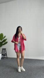 Linda Asimetrik Kesim Keten Gömlek - Pembe - Görsel 5