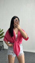 Linda Asimetrik Kesim Keten Gömlek - Pembe - Görsel 6
