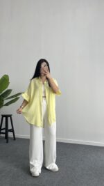 Linda Asimetrik Kesim Keten Gömlek - Sarı - Görsel 3