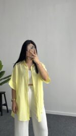 Linda Asimetrik Kesim Keten Gömlek - Sarı - Görsel 2