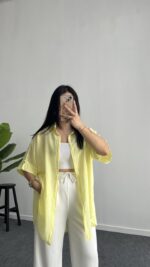 Linda Asimetrik Kesim Keten Gömlek - Sarı