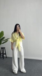 Linda Asimetrik Kesim Keten Gömlek - Sarı - Görsel 8