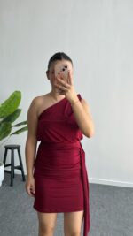 Aksesuarlı Sandy Elbise - Bordo - Görsel 2