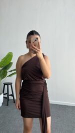 Aksesuarlı Sandy Elbise - Kahve - Görsel 2